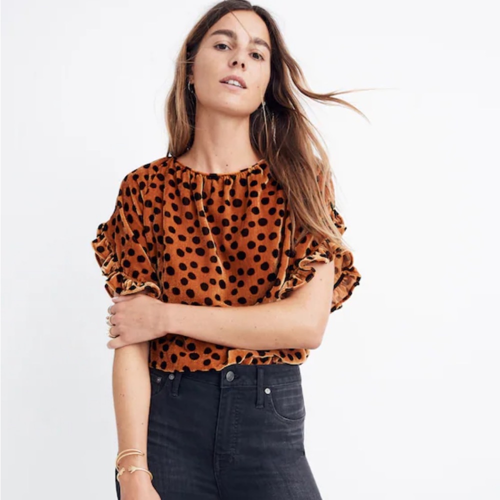 Madewell Velvet Leopard Ruffle Sleeve Top Size XS